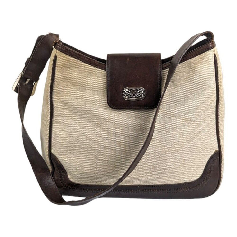 Fossil Vintage Brown Leather And Canvas Shoulder Bag Handbag Purse